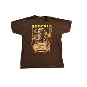 Godzilla attacking bowl of ramen L adult black t-shirt Japanese lettering